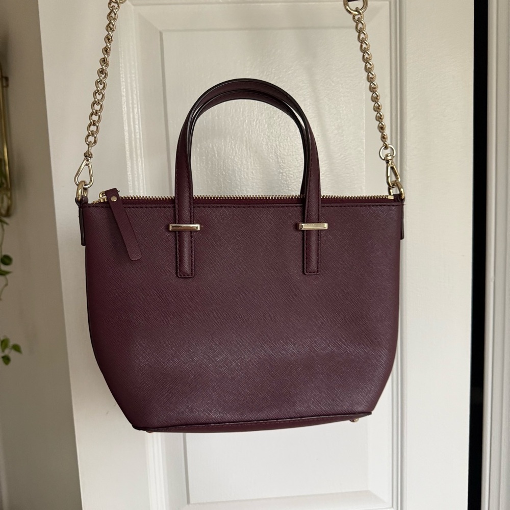 Kate Spade Burgundy Saffiano Leather Crossbody Satchel Gold Chain Strap Red Wine - Picture 3 of 7